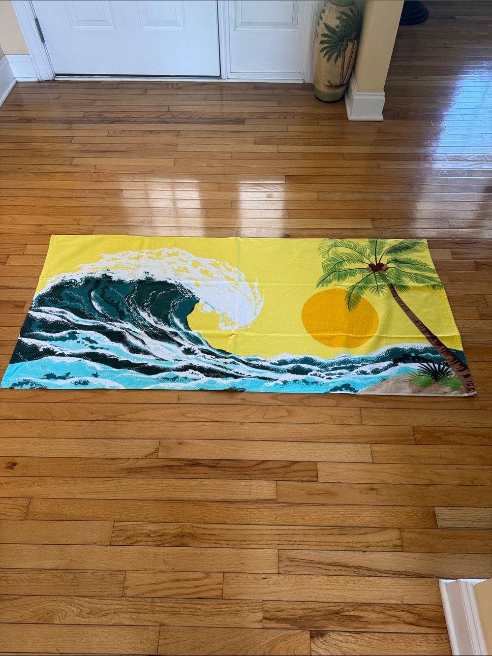 Yellow Tropical Wave Beach Towel with Palm Tree NWT